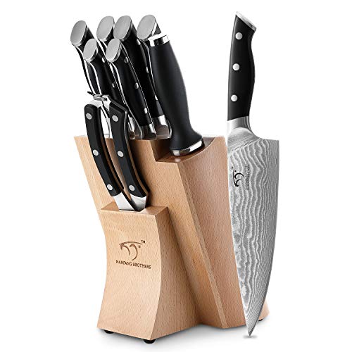 9er Damastmesser küchenmesser Set mit Buchenholzmesserblock, Messerblock mit Messer...