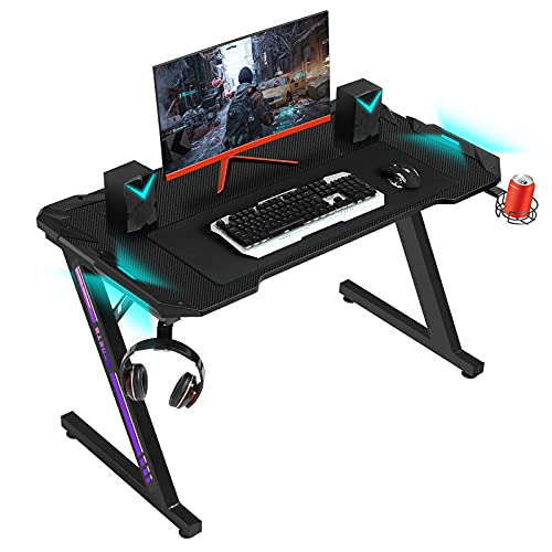 SEDETA Gaming Tisch mit LED, Gaming-Computertisch mit RGB-Beleuchtung, Z-förmiger...