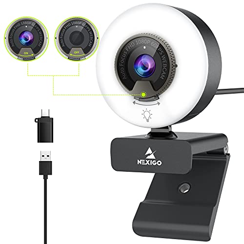 60FPS Autofokus 1080P Webcam mit 2 Stereo Mikrofon, Ringlicht...