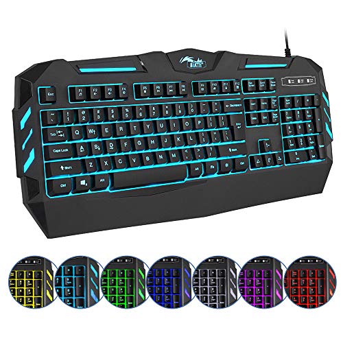 BAKTH Gaming Tastatur, 7 Farben LED Hintergrundbeleuchtung QWERTZ DE...